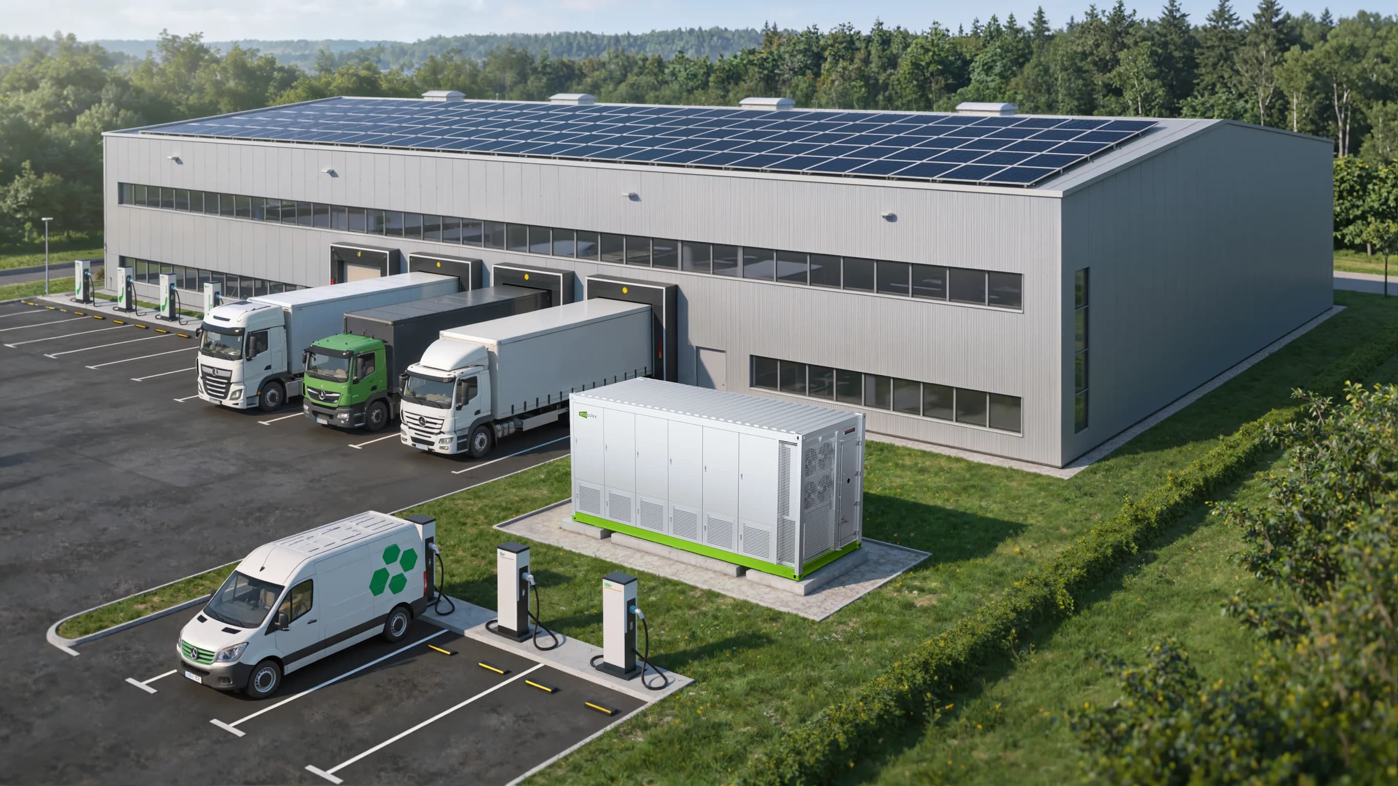 HyESS batterijsysteem bij logistiek bedrijf met zonnepanelen en EV-laadpunten