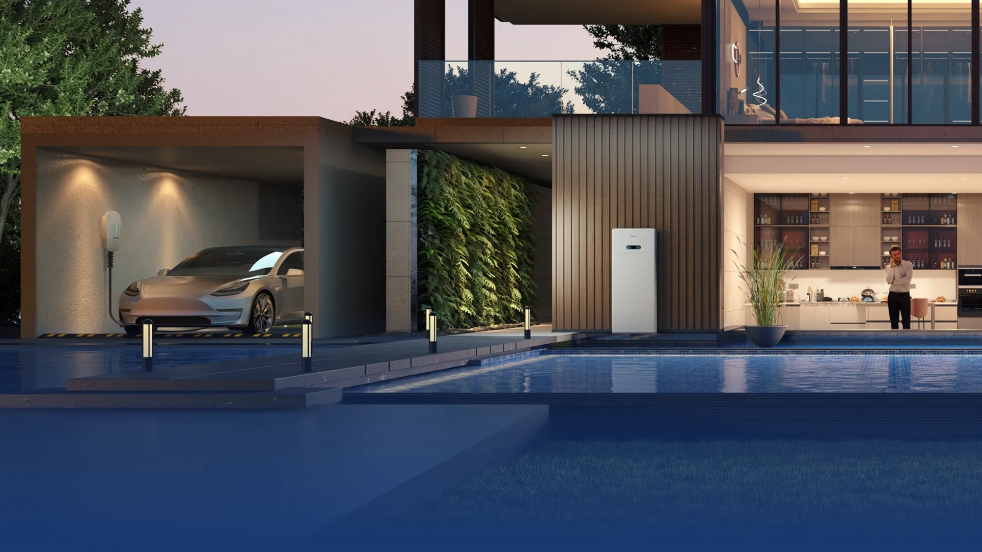 Thuisbatterij bij een moderne woning bij zonsondergang — HyESS