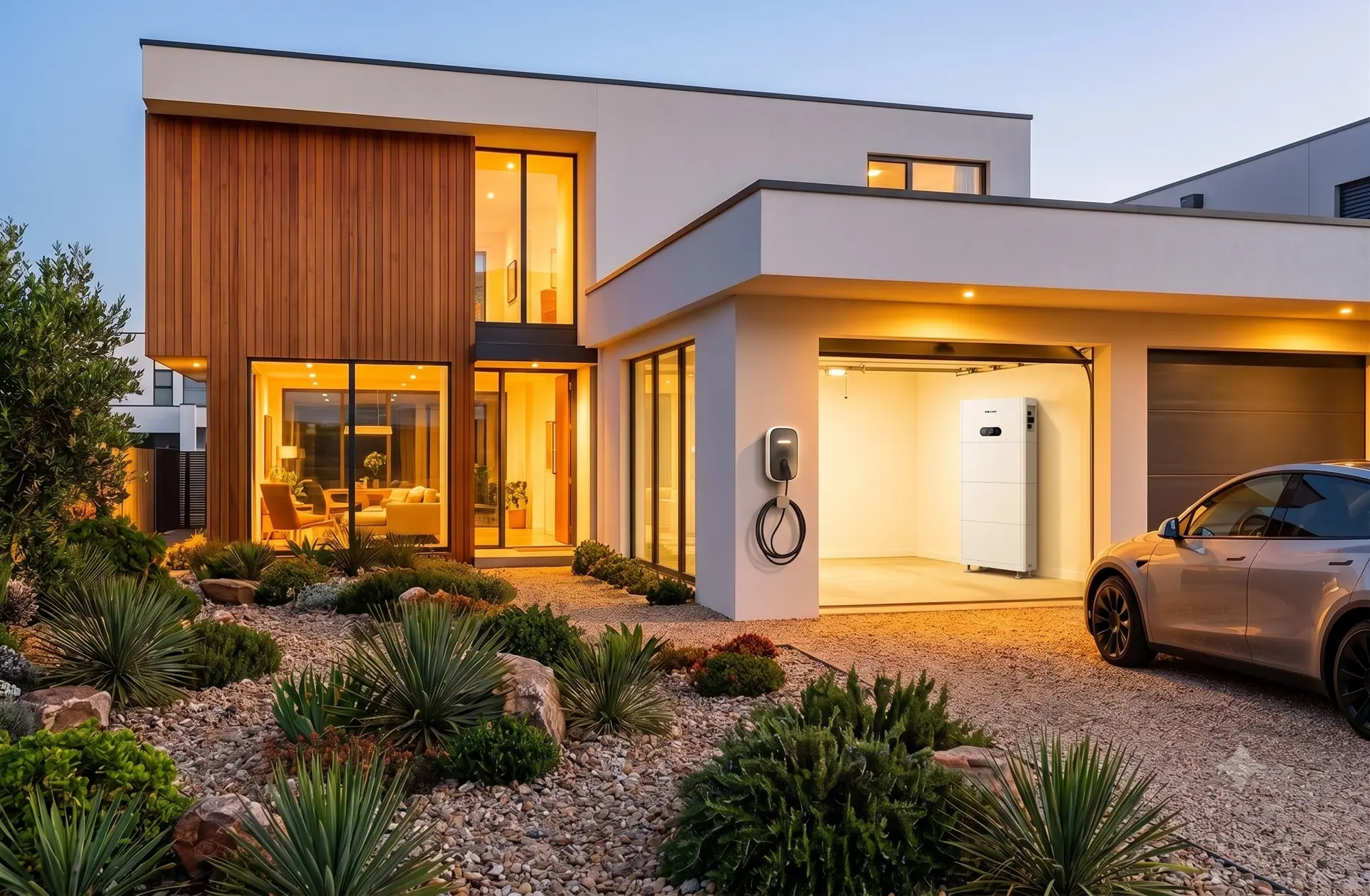 Sofar PowerAll thuisbatterij met wandlader in de garage van een moderne woning